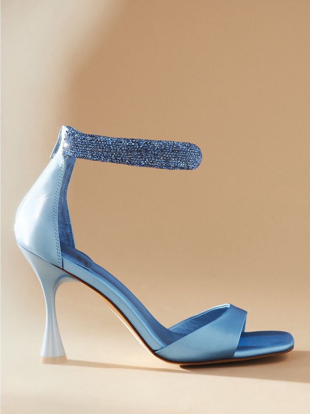 Jeffrey Campbell Powder Blue Satin Ankle-Strap Heel with Crystal Strap